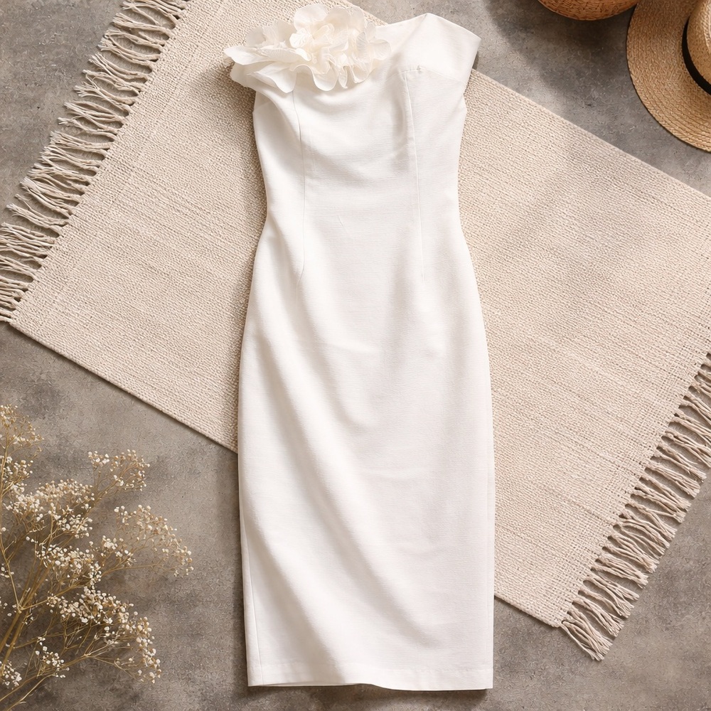One-Shoulder White Floral Appliqué Dress